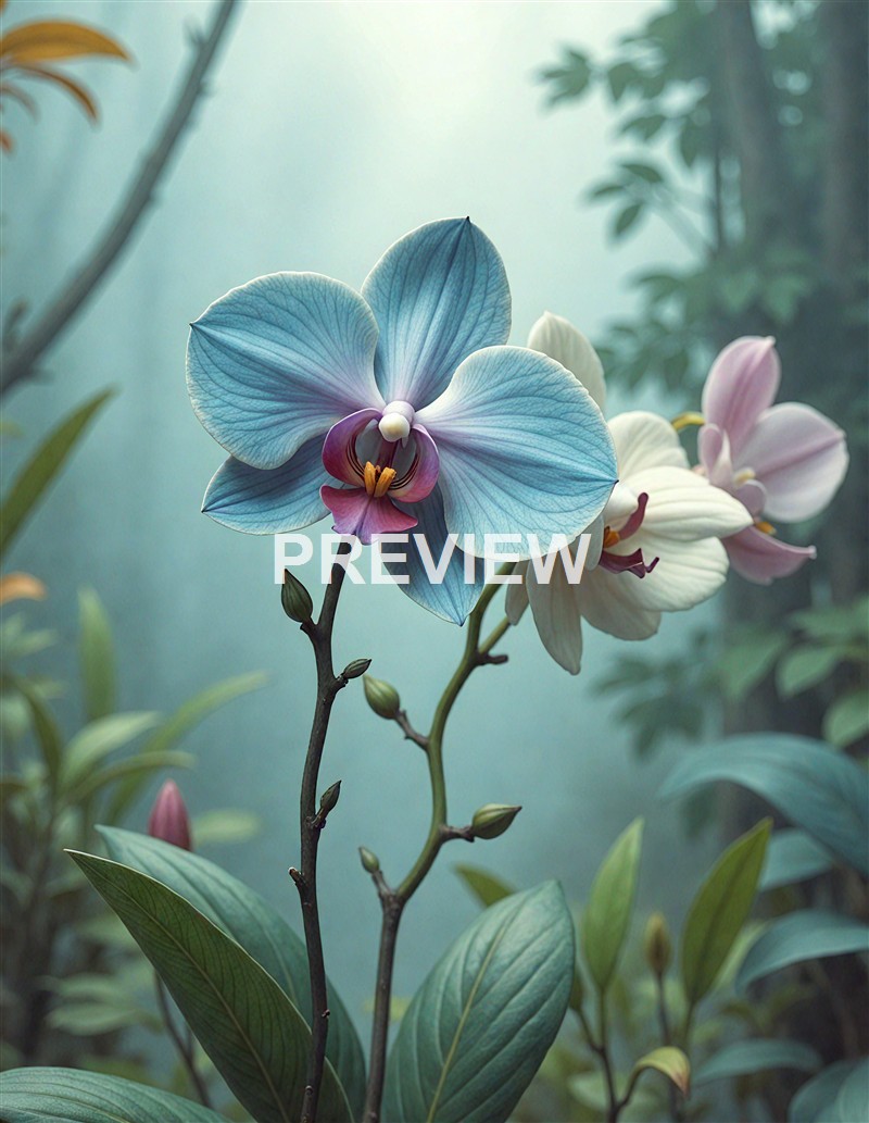 A close-up of a beautiful blue and white orchid flower with delicate petals and a vibrant center, set against a soft, misty background of green foliage.